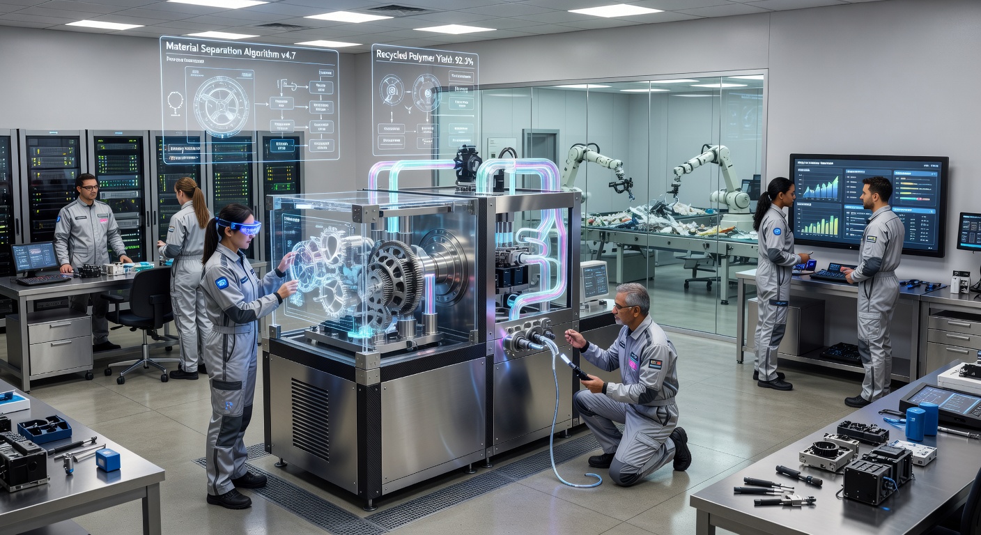 Engineers reviewing recycling machinery design drawings