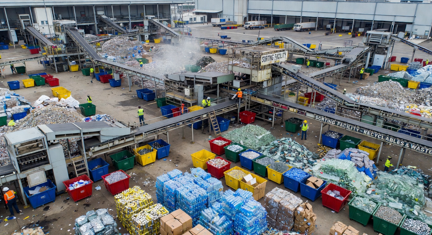 Aerial view of a large industrial waste sorting facility